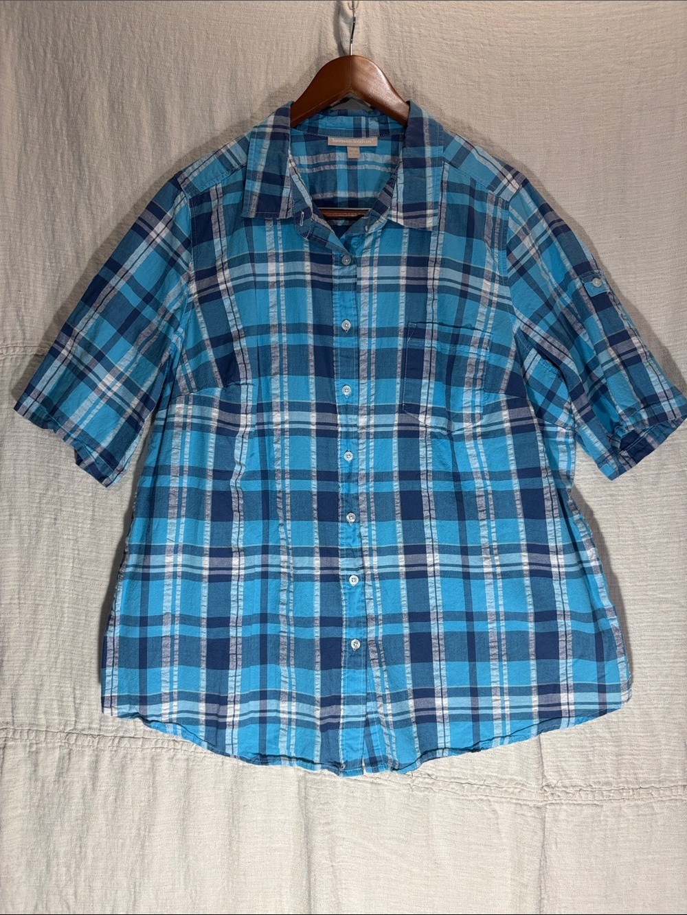 Woman Within Blue Plaid Button-Down Shirt Roll Tab Sleeves 100% Cotton